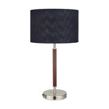 Gianni table lamp, 57cm, with a brushed silver finish base and dark wood-effect stem, topped with a navy fabric drum shade, shown on a plain white background.
