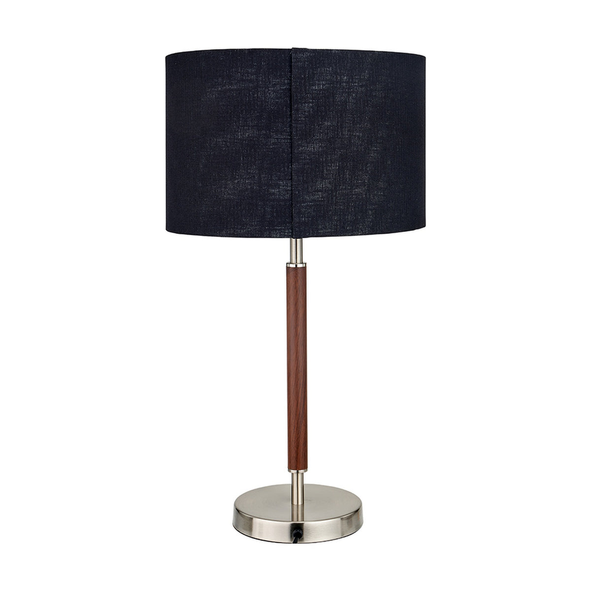 Gianni table lamp, 57cm, with a wood-effect stem and brushed silver base, topped by a black textured fabric drum shade, on a plain white background.