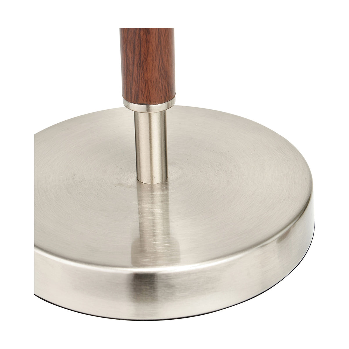 Close-up of the Gianni Table Lamp base showing a brushed silver disc base and stem with wood-effect column detail, on a plain white background.