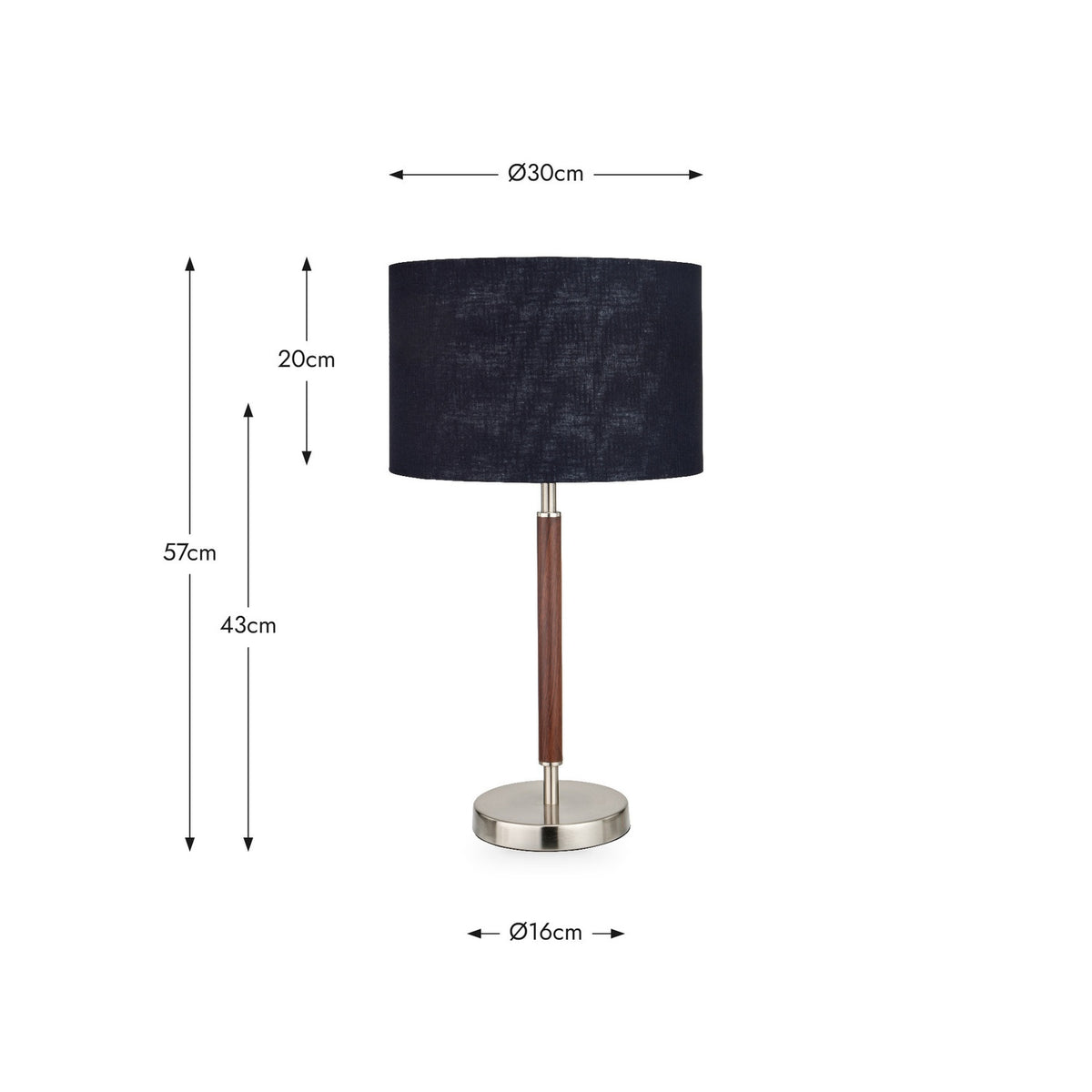 Gianni table lamp, 57cm, with navy fabric drum shade, brushed silver base and dark wood-effect stem, shown with dimension labels on a white background.