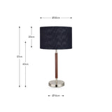 Gianni table lamp, 57cm, with navy fabric drum shade, brushed silver base and dark wood-effect stem, shown with dimension labels on a white background.