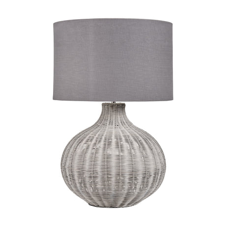 Allona Grey Wash Rattan Table Lamp, 70cm, with a rounded ribbed rattan base and grey linen drum shade, shown on a plain white background.