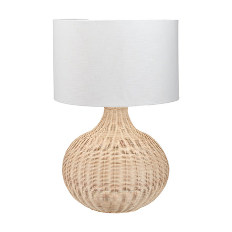 Allona Rattan Table Lamp, 70cm, with a round woven natural rattan base and white linen drum shade, on a plain white background.