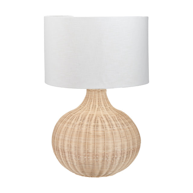 Allona Rattan Table Lamp, 70cm, with a round woven natural rattan base and white linen drum shade, on a plain white background.