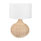 Allona Rattan Table Lamp, 70cm, with a round woven natural rattan base and white drum fabric shade, shown on a plain white background.