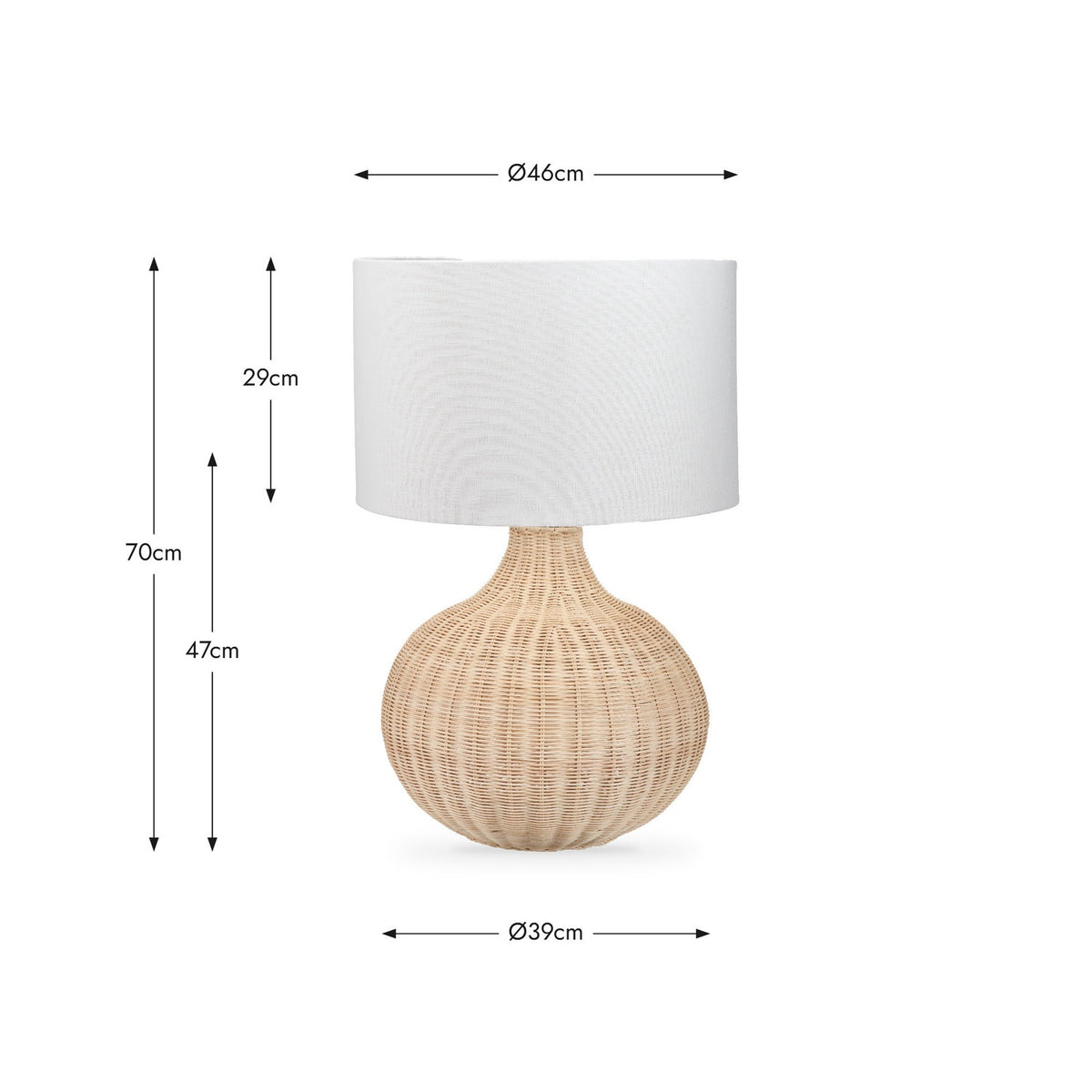 Allona Rattan Table Lamp, 70cm tall with a rounded natural rattan base and white fabric drum shade, shown with dimension labels on a white background.
