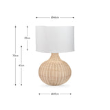 Allona Rattan Table Lamp, 70cm tall with a rounded natural rattan base and white fabric drum shade, shown with dimension labels on a white background.