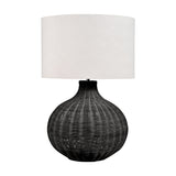 Allona Black Rattan Table Lamp, 70cm, with a bulbous woven black rattan base and a white linen drum shade, shown on a plain white background.