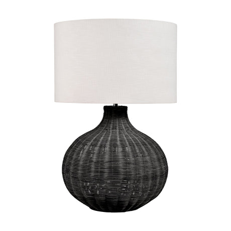 Allona Black Rattan Table Lamp, 70cm, with a bulbous woven black rattan base and a white linen drum shade, shown on a plain white background.