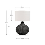Allona Black Rattan Table Lamp with white drum shade, shown with dimension guides: 70cm height, 47cm base height, Ø39cm base and Ø46cm shade width, on a white background.