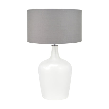 Tamsin Frosted White Glass Table Lamp, 59cm, with a bulbous frosted white glass base and grey drum fabric shade, chrome connector, shown against a plain white background.