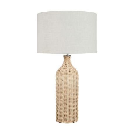 Anika Rattan Bottle Table Lamp, 62cm, with a woven natural rattan bottle-shaped base and drum-style white linen shade, shown on a plain white background.