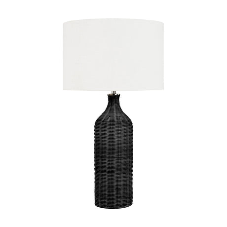 Anika Black Rattan Bottle Table Lamp, 62cm tall with a ribbed black rattan base and a white drum fabric shade, shown on a plain white background.