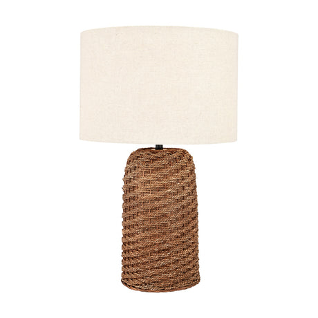 Andros Brown Woven Seagrass Table Lamp, 55cm, with a tapered woven seagrass base and a cream linen drum shade, shown on a plain white background.