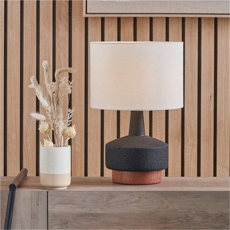 Elio Black & Wood Effect Textured Ceramic Table Lamp - 43cm