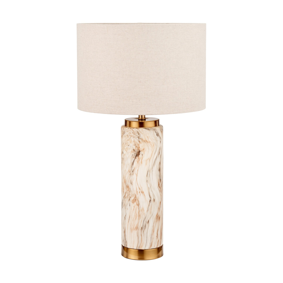 Carrara Stone Effect Ceramic Tall Table Lamp, 55cm, with a marbled cream and brass cylindrical base and a drum-shaped natural linen shade, shown on a plain white background.