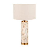 Carrara Stone Effect Ceramic Tall Table Lamp, 55cm, with a marbled cream and brass cylindrical base and a drum-shaped natural linen shade, shown on a plain white background.