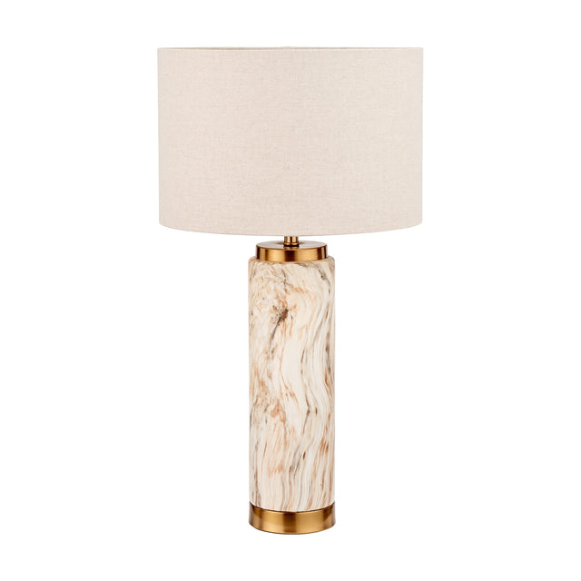 Carrara Stone Effect Ceramic Tall Table Lamp, 55cm, with a marbled cream and brass cylindrical base and a drum-shaped natural linen shade, shown on a plain white background.
