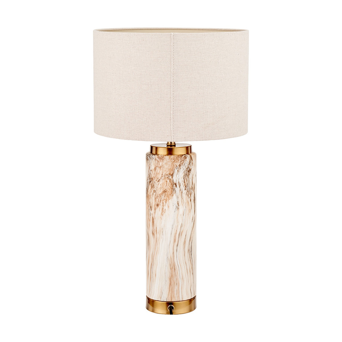 Carrara Stone Effect Ceramic Tall Table Lamp, 55cm, with a marbled cylindrical base in cream and brown tones, brass fittings, and a natural linen drum shade on a plain white background.