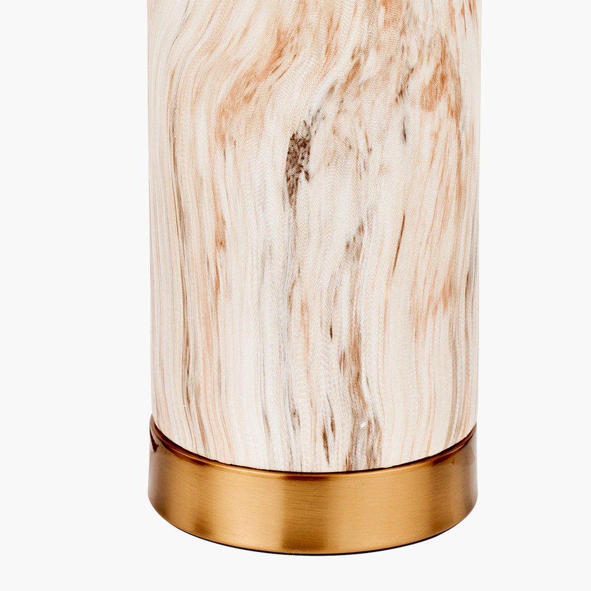 Close-up of the Carrara Stone Effect Ceramic Tall Table Lamp base, showing cream and tan marbled ceramic finish with a brushed brass ring detail.