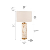 Carrara Stone Effect Ceramic Tall Table Lamp, 55cm, with marble-look cylindrical base, brass trims, and drum linen shade, shown with labelled size dimensions on a white background.