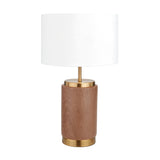 Carrara Wood Effect Ceramic Table Lamp, 48cm, with a cylindrical wood-effect ceramic base, brass fittings, and a white drum fabric shade on a plain white background.