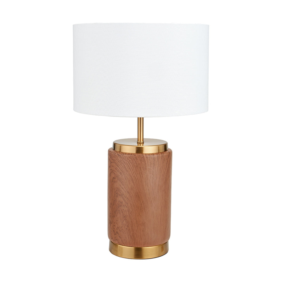 Carrara Wood Effect Ceramic Table Lamp, 48cm, with a cylindrical wood-effect ceramic base, brass fittings, and a white fabric drum shade, on a plain white background.