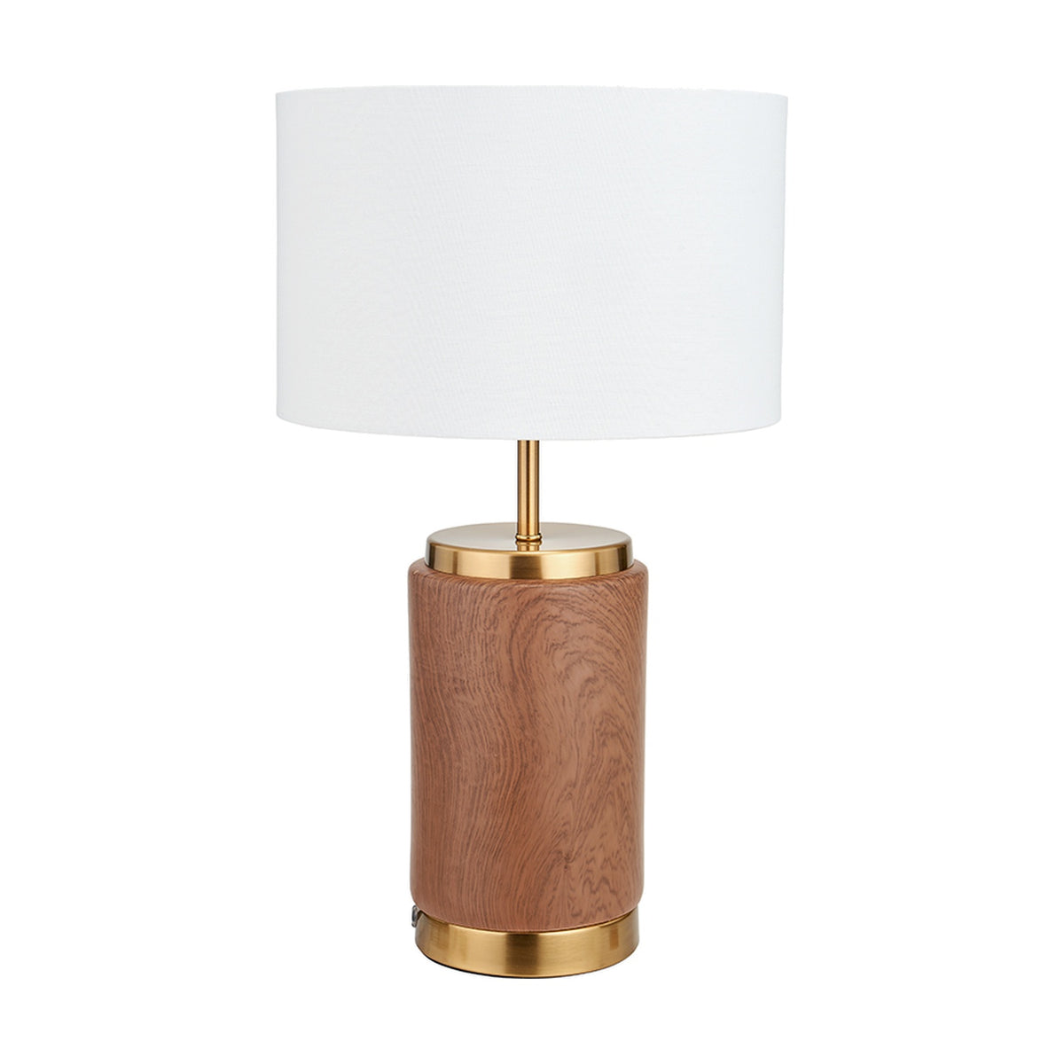 Carrara Wood Effect Ceramic Table Lamp, 48cm, with a cylindrical wood-effect ceramic base, brass fittings, and white fabric drum shade, shown on a plain white background.