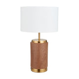 Carrara Wood Effect Ceramic Table Lamp, 48cm, with a cylindrical wood-effect ceramic base, brass fittings, and white fabric drum shade, shown on a plain white background.