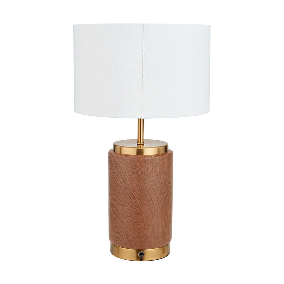 Carrara Wood Effect Ceramic Table Lamp, 48cm, with a cylindrical wood-effect ceramic base, brass fittings and switch, and a white drum fabric shade, on a plain white background.