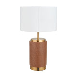 Carrara Wood Effect Ceramic Table Lamp, 48cm, with a cylindrical wood-effect ceramic base, brass fittings and switch, and a white drum fabric shade, on a plain white background.