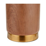 Close-up of the Carrara Wood Effect Ceramic Table Lamp base, showing a wood-grain patterned ceramic body with a brushed brass ring detail, against a plain white background.