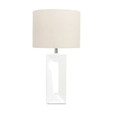 Block White Ceramic Tall Table Lamp, 58cm, with rectangular cut-out base and drum-shaped linen shade, shown on a plain white background.