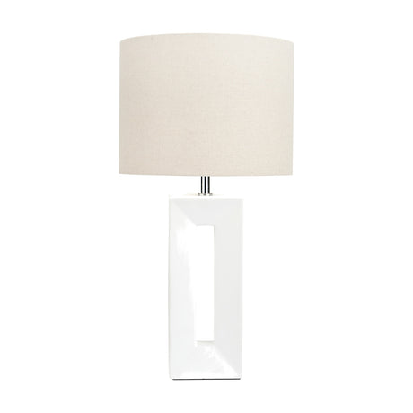 Block White Ceramic Tall Table Lamp, 58cm, with rectangular cut-out base and drum-shaped linen shade, shown on a plain white background.