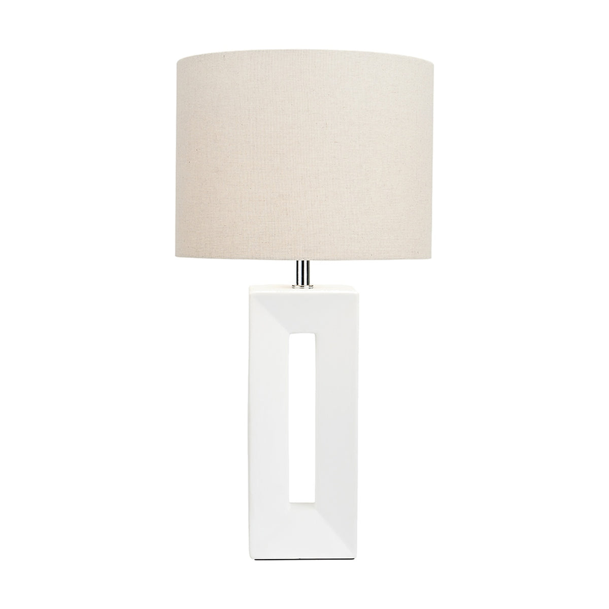 Block White Ceramic Tall Table Lamp, 58cm, with rectangular cut-out base and drum linen shade in beige, shown against a plain white background.