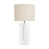 Block White Ceramic Tall Table Lamp, 58cm, with a rectangular open-cut ceramic base and a beige linen drum shade, shown on a plain white background.