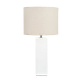 Block White Ceramic Tall Table Lamp, 58cm, with a rectangular white ceramic base and a linen drum shade, shown on a plain white background.