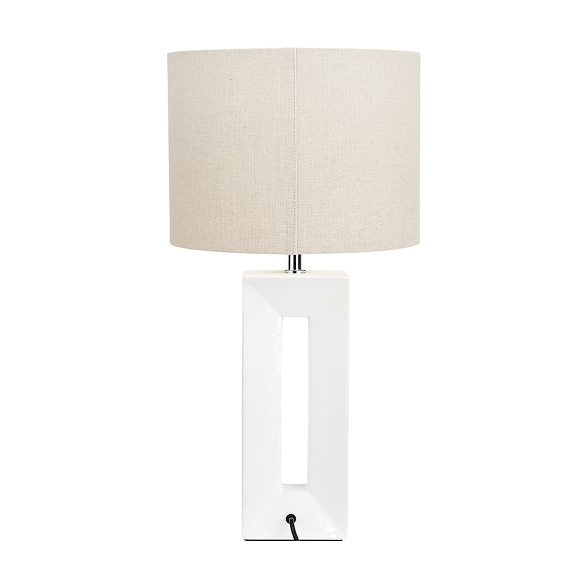Block White Ceramic Tall Table Lamp, 58cm, with a rectangular cut-out base and linen drum shade, shown on a plain white background.
