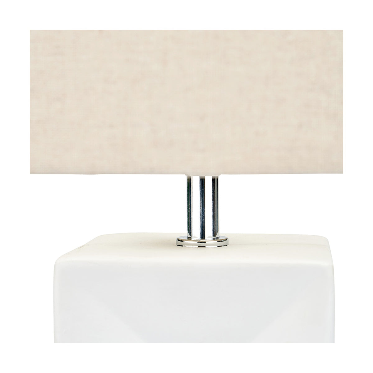 Block White Ceramic Tall Table Lamp, 58cm, with a square white ceramic base, chrome cylindrical stem, and rectangular linen shade, shown against a plain white background.