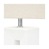 Close-up of the Block White Ceramic Tall Table Lamp showing the chrome cylindrical fitting joining the square white ceramic base to a rectangular linen shade.