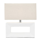 Block White Ceramic Rectangular Table Lamp, 35cm, with a rectangular open-cut white base and a rectangular linen shade, chrome fittings, shown on a plain white background.