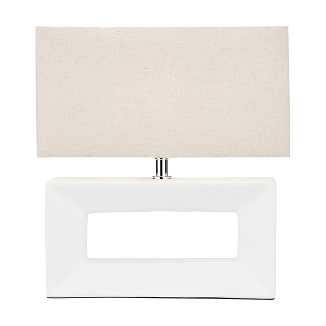 Block White Ceramic Rectangular Table Lamp, 35cm, with a rectangular open-cut white base and a rectangular linen shade, chrome fittings, shown on a plain white background.