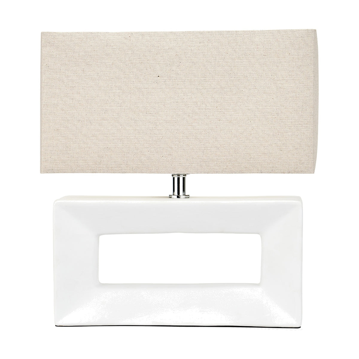 Block White Ceramic Rectangular Table Lamp, 35cm, with a rectangular cut-out base and a rectangular linen shade on a chrome fitting, shown on a plain white background.