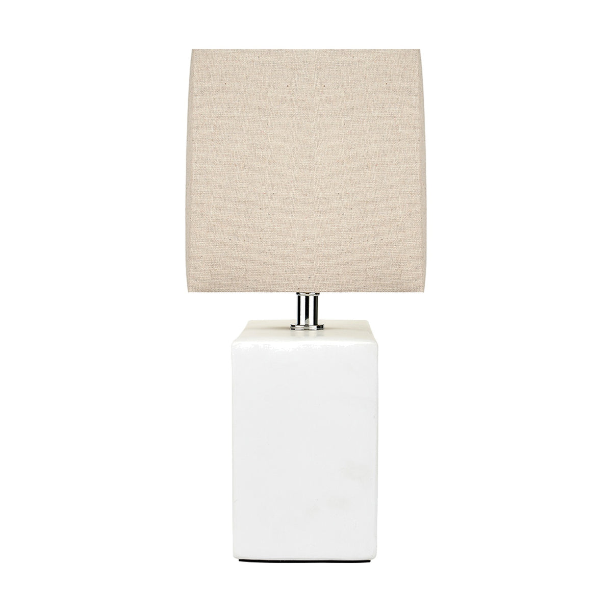 Block White Ceramic Rectangular Table Lamp, 35cm, with a square linen shade in beige, chrome fittings, and a glazed white ceramic base on a plain background.