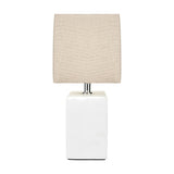 Block White Ceramic Rectangular Table Lamp, 35cm, with a square linen shade in beige, chrome fittings, and a glazed white ceramic base on a plain background.