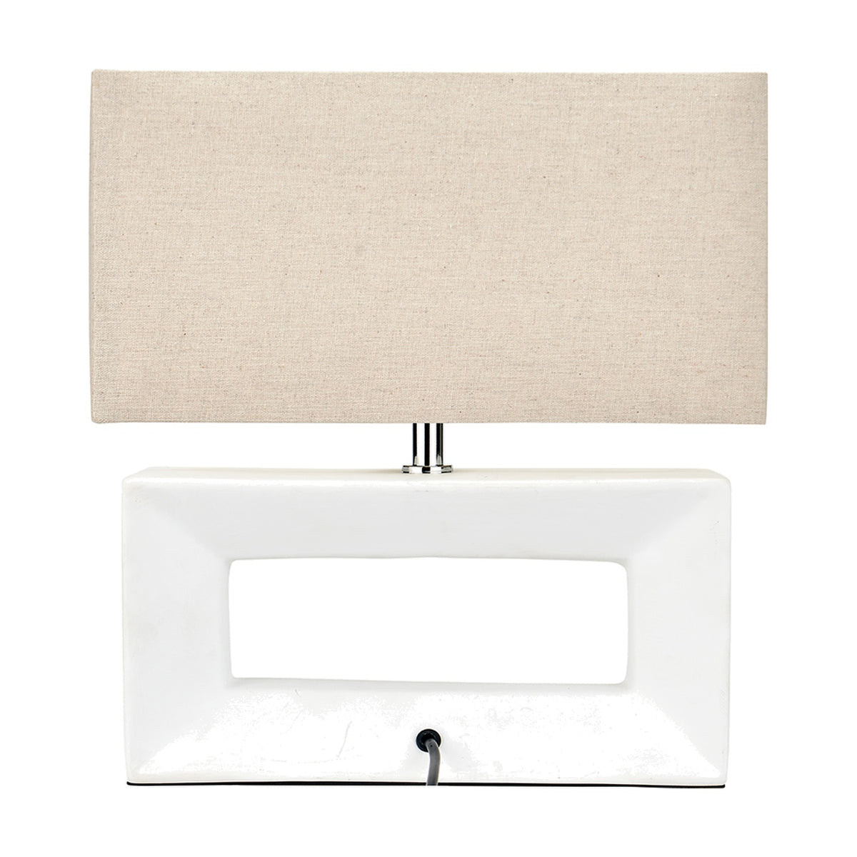 Block White Ceramic Rectangular Table Lamp, 35cm, with an open rectangular base and a rectangular linen shade, shown on a plain white background.