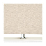 Close-up of the Block White Ceramic Rectangular Table Lamp's rectangular linen shade and chrome fitting on a white ceramic base, shown against a plain background.