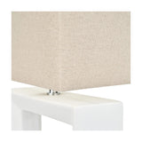 Close-up of the Block White Ceramic Rectangular Table Lamp, showing the rectangular linen shade resting on a white glazed ceramic base with a chrome fitting.
