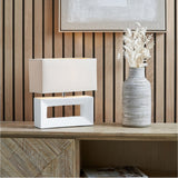 Block White Ceramic Rectangular Table Lamp with linen shade on a wooden sideboard, styled beside a patterned grey vase and framed wall art.