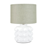 Serenity White Bobbled Ceramic Large Table Lamp, 36cm, with a textured spherical base and grey drum shade on a plain white background.